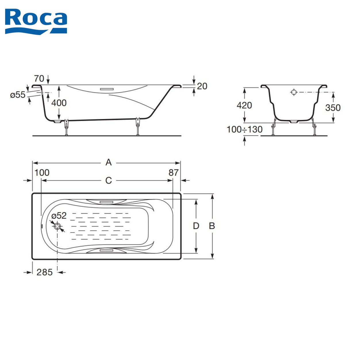 Roca A231070001 Malibu 1600x750x420mm 鑄鐵浴缸-hong-kong