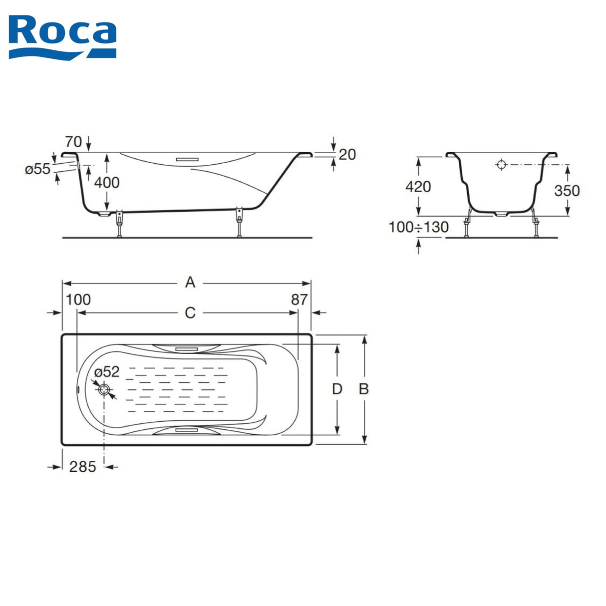 Roca A231570001 Malibu 1500x750x420mm 鑄鐵浴缸-hong-kong