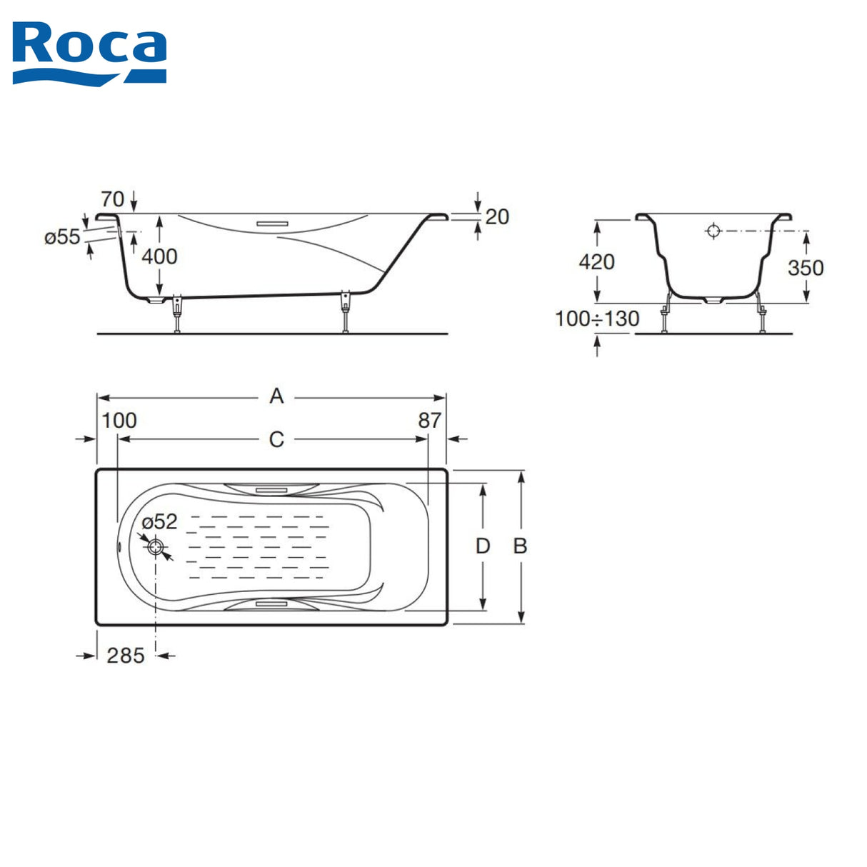 Roca A233450001 Malibu 1600x700x420mm 鑄鐵浴缸-hong-kong