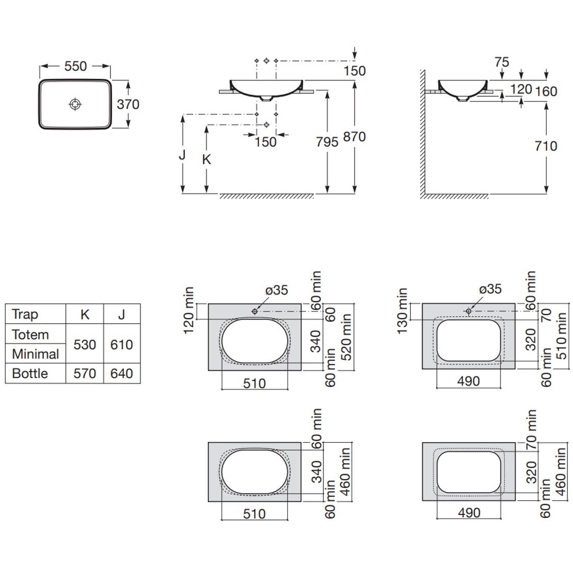 ROCA A327534000 Inspira SQUARE 半嵌入式面盆 550x370x75mm 白色-hong-kong