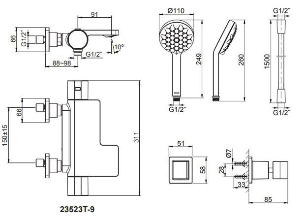 KOHLER K-23523T-9-RGD PARALLEL 恆溫掛牆式浴缸龍頭 (包括多功能手持花灑和插座) (玫瑰金色)-hong-kong