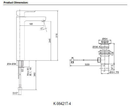 KOHLER K-98421T-4-AF JULY 高身面盆龍頭 (法蘭金)-hong-kong