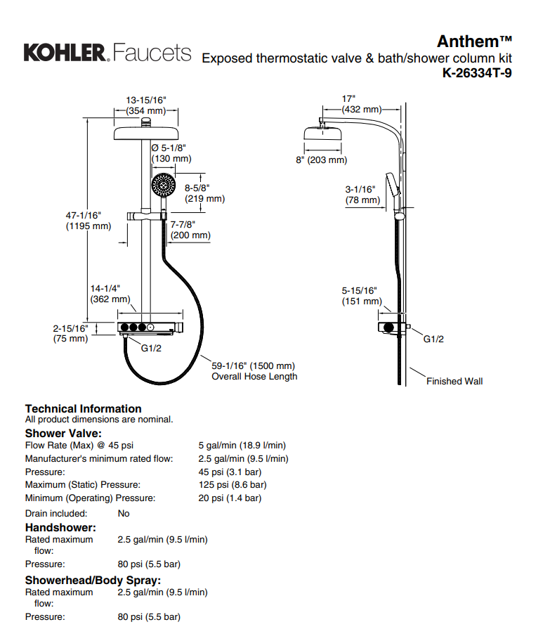KOHLER K-26334T-9-BL ANTHEM ™ 恆溫四路出水淋浴柱 (黑色)-hong-kong