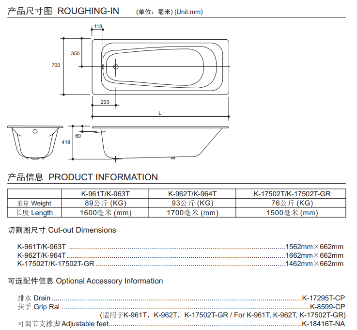 KOHLER K-P17502H-GR-0 MELANIE 1.5米 鑄鐵浴缸 (含扶手孔)-hong-kong