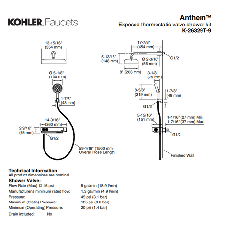 KOHLER K-26329T-9-CP ANTHEM™ 恆溫雙路出水淋浴龍頭 連單功能頭頂花灑 (拋光鍍鉻)-hong-kong