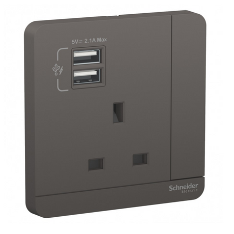 Schneider 施耐德 E8315USB_DG_C5 13A 單位連保護門有掣插座連兩位USB充電插座-hong-kong