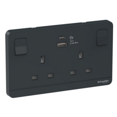 Schneider 施耐德 E83T25ACUSB_DG_C5 13A 兩位連保護門有掣插座連兩位21W Type A+C USB充電插座-hong-kong