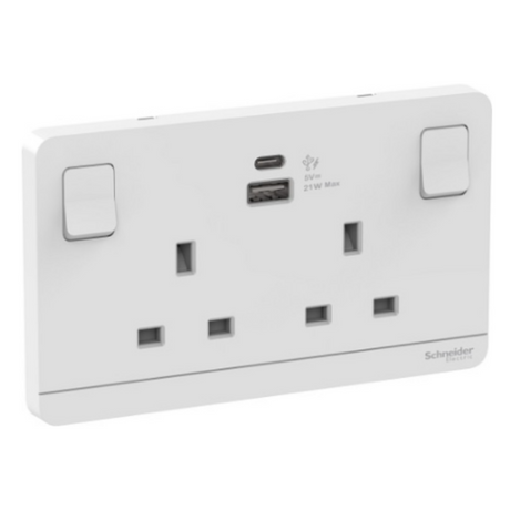 Schneider 施耐德 E83T25ACUSB_WE_C5 13A 兩位連保護門有掣插座連兩位21W Type A+C USB充電插座-hong-kong