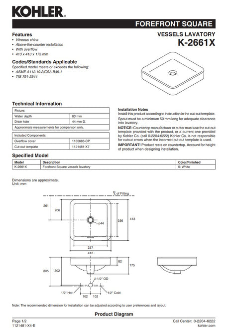 KOHLER K-2661X-0 FOREFRONT 方形檯上式面盆-hong-kong