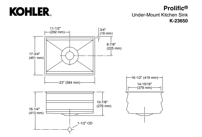 KOHLER K-23650T-C-NA PROLIFIC® 23” 下崁式廚房鋅盆 ( 包括砧板、浸泡籃、瀝水籃及瀝水板)-hong-kong