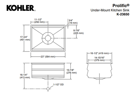 KOHLER K-23650T-C-NA PROLIFIC® 23” 下崁式廚房鋅盆 ( 包括砧板、浸泡籃、瀝水籃及瀝水板)-hong-kong