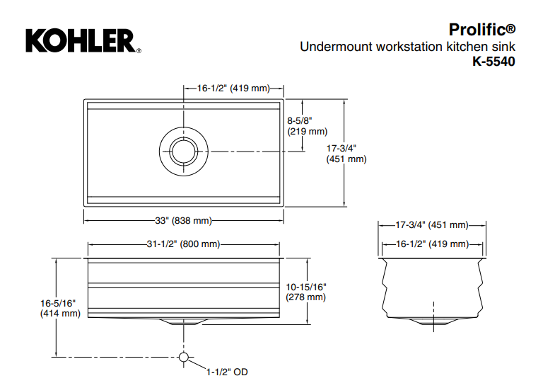 KOHLER K-5540T-S-NA PROLIFIC 33" 大單槽下崁式廚房星盆 (包括砧板、浸泡籃、瀝水籃及瀝水板)-hong-kong