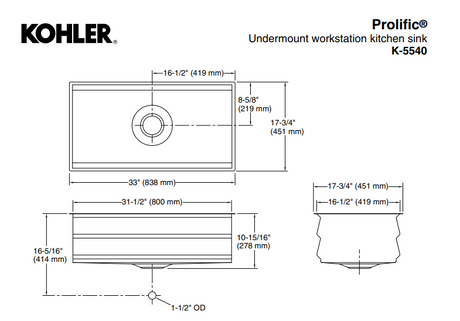 KOHLER K-5540T-S-NA PROLIFIC 33" 大單槽下崁式廚房星盆 (包括砧板、浸泡籃、瀝水籃及瀝水板)-hong-kong