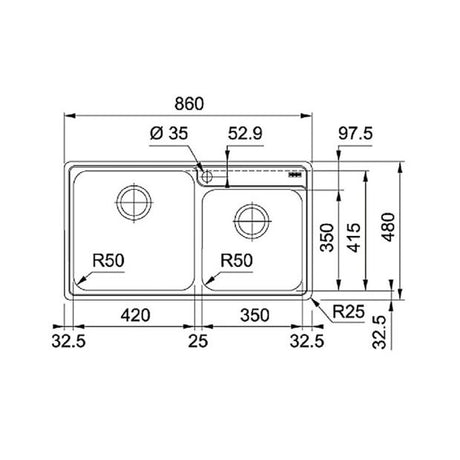 FRANKE BCX 620-42-35 (101.0438.090) Bell 不銹鋼 檯面 雙星盆 860x480mm 銀色-hong-kong