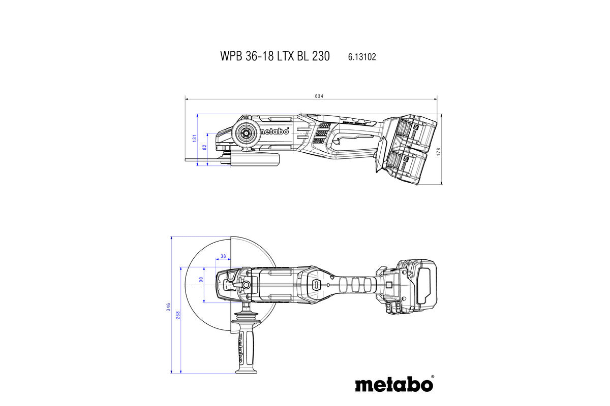 metabo 麥太保 WPB 36-18 LTX BL 230 230mm 無碳刷充電角磨機 (鋰18V x 2)( 安全式開關) (淨機)-hong-kong
