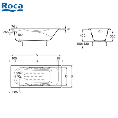 Roca A231070001 Malibu 1600x750x420mm 鑄鐵浴缸-hong-kong