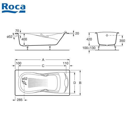Roca A233170001 Haiti 1400x750x400mm 有扶手鑄鐵浴缸-hong-kong