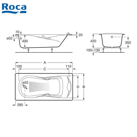 Roca A233250001 Continental 1500x800x400mm 鑄鐵浴缸-hong-kong